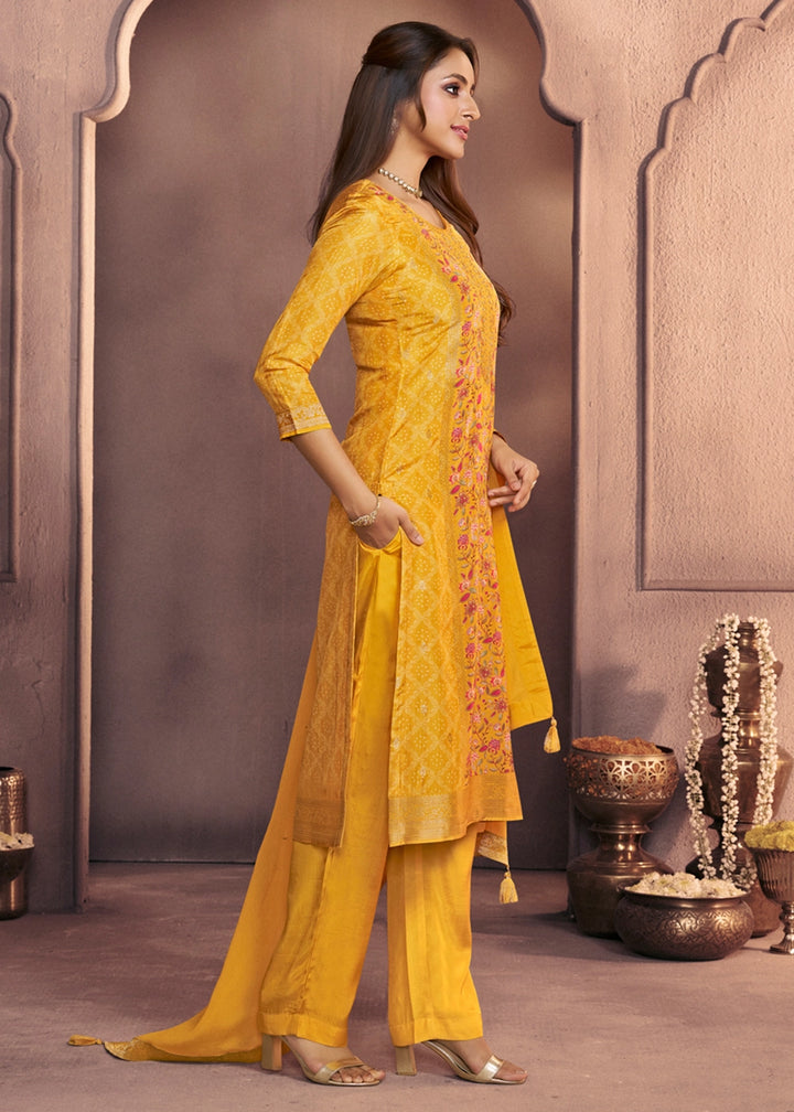 Golden Yellow Dola Silk Suit with Ethnic Motifs & Jacquard Detailing