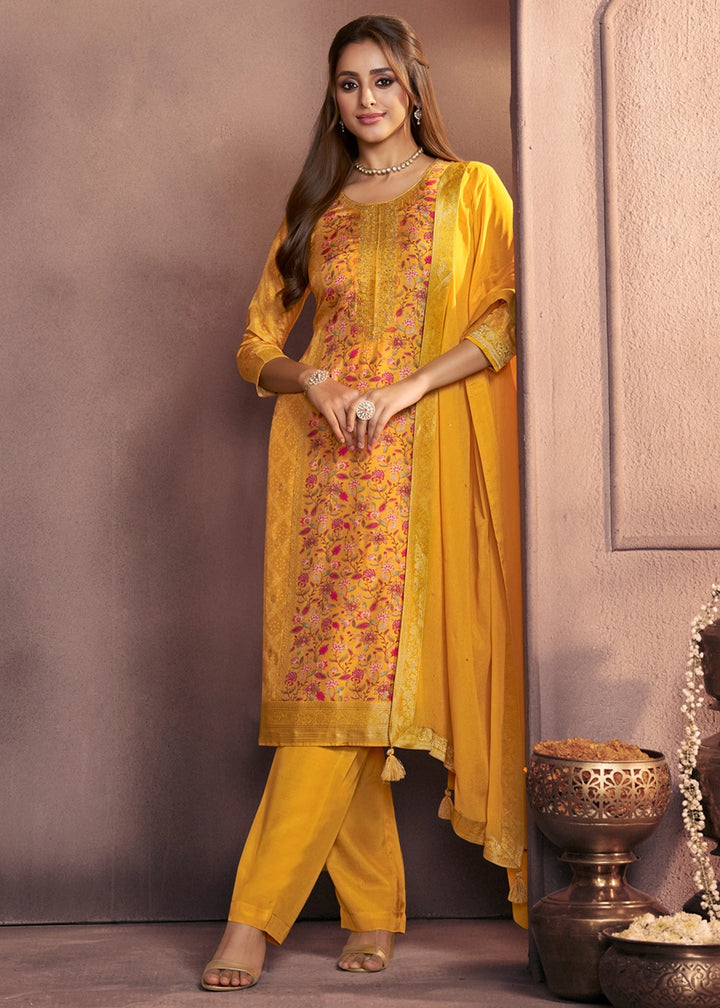 Golden Yellow Dola Silk Suit with Ethnic Motifs & Jacquard Detailing