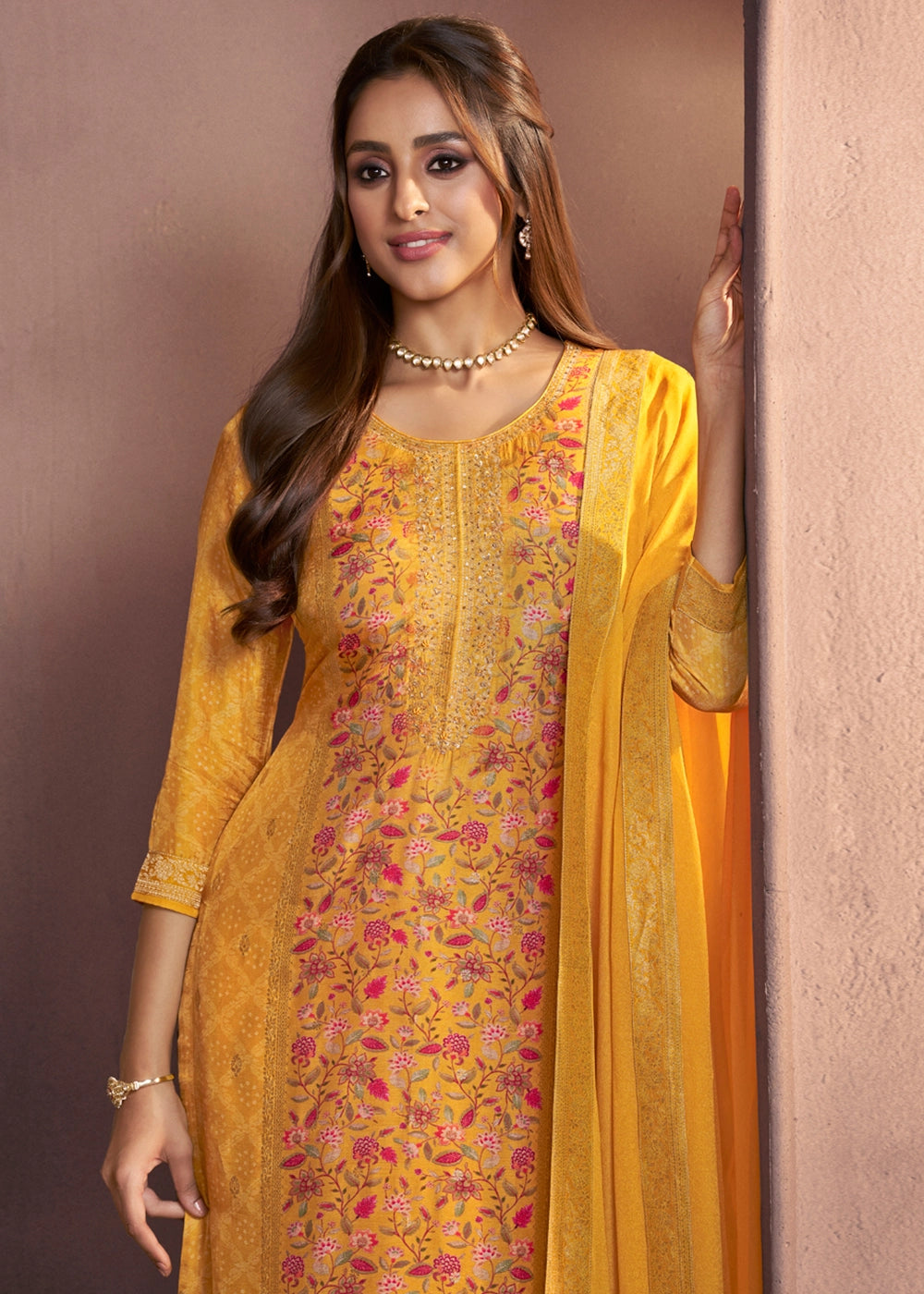 Golden Yellow Dola Silk Suit with Ethnic Motifs & Jacquard Detailing