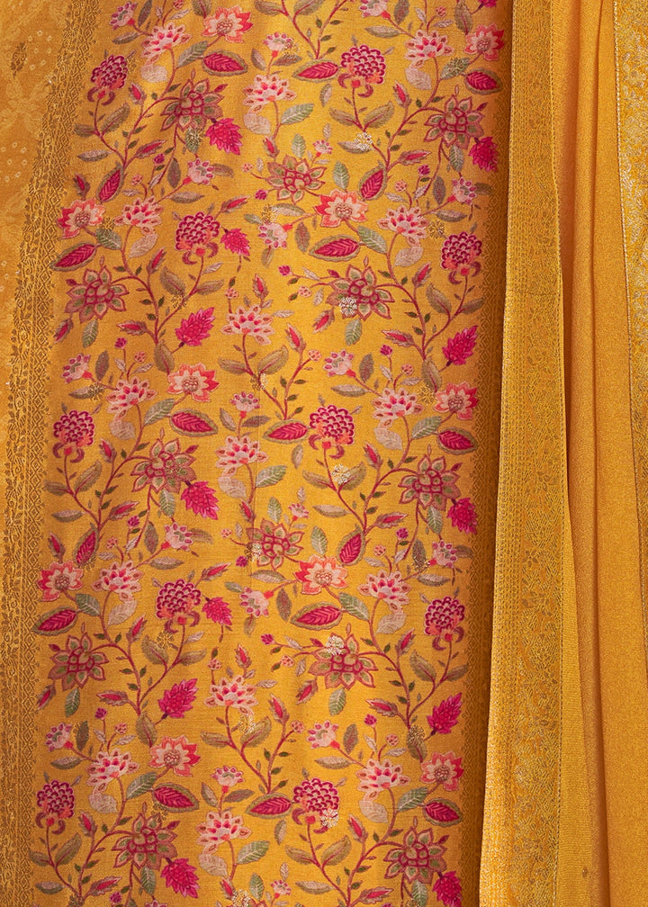 Golden Yellow Dola Silk Suit with Ethnic Motifs & Jacquard Detailing