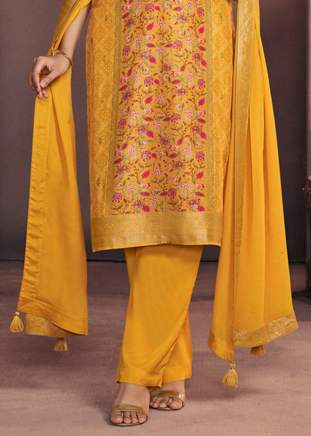 Golden Yellow Dola Silk Suit with Ethnic Motifs & Jacquard Detailing