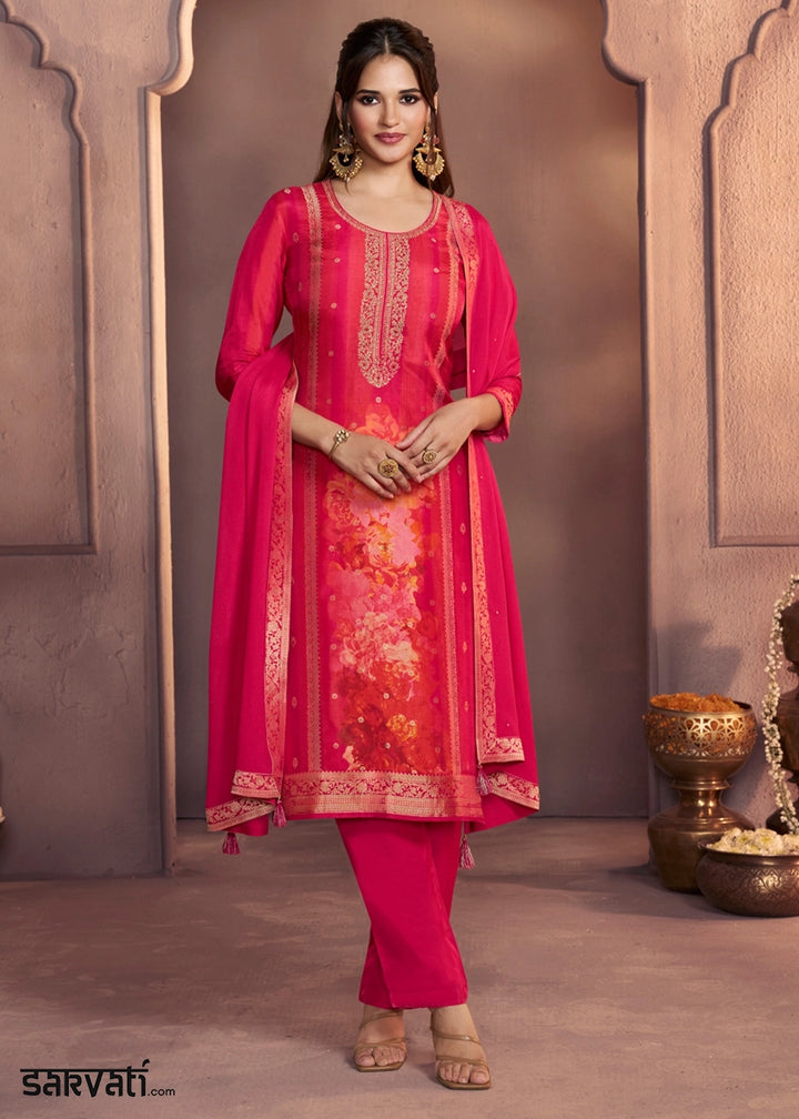 Amaranth Pink Dola Silk Suit with Ethnic Motifs & Jacquard Accents
