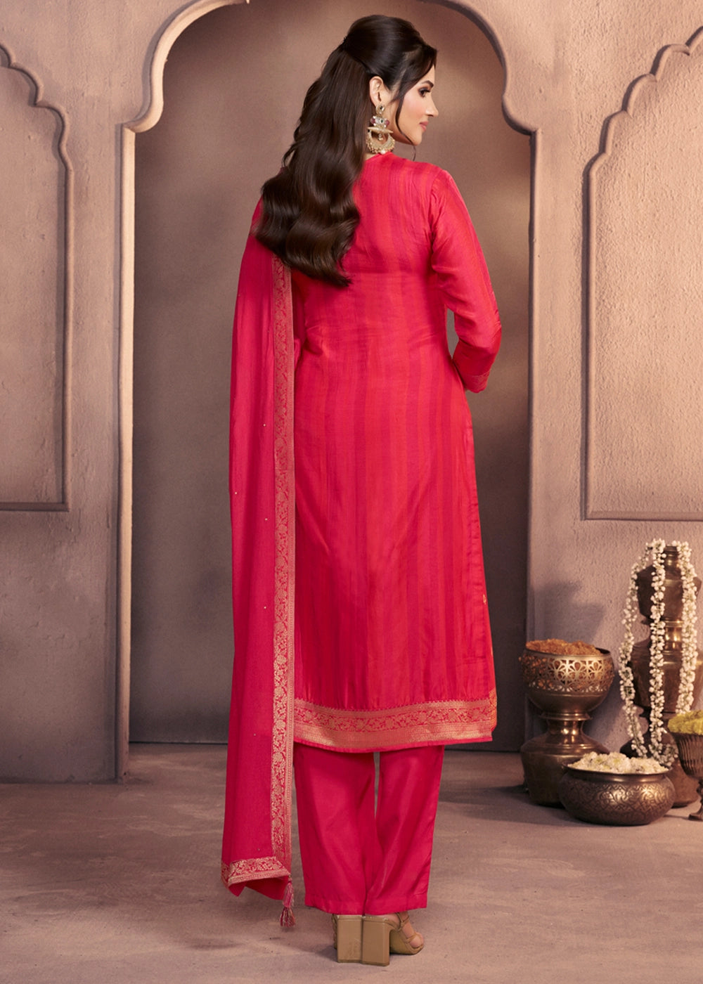 Amaranth Pink Dola Silk Suit with Ethnic Motifs & Jacquard Accents