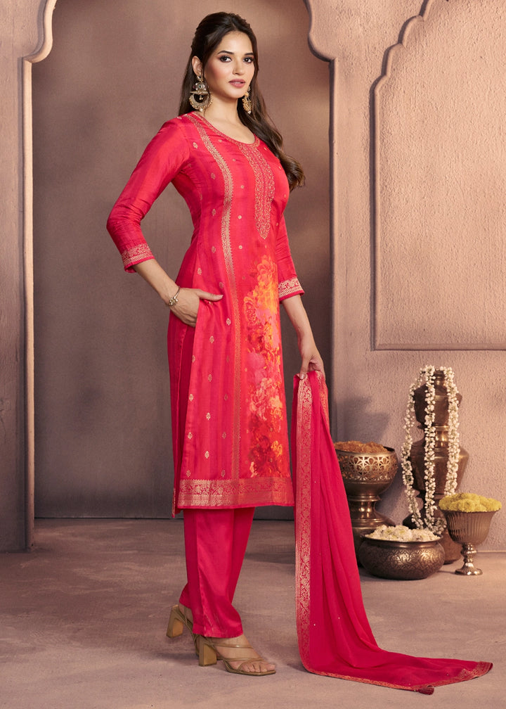 Amaranth Pink Dola Silk Suit with Ethnic Motifs & Jacquard Accents