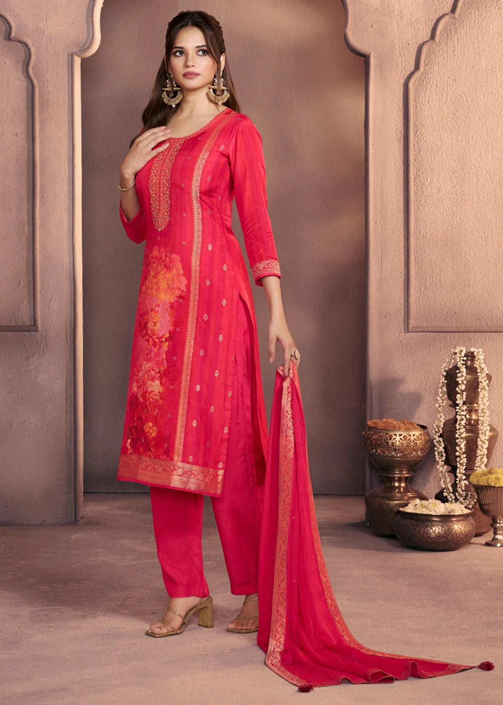 Amaranth Pink Dola Silk Suit with Ethnic Motifs & Jacquard Accents