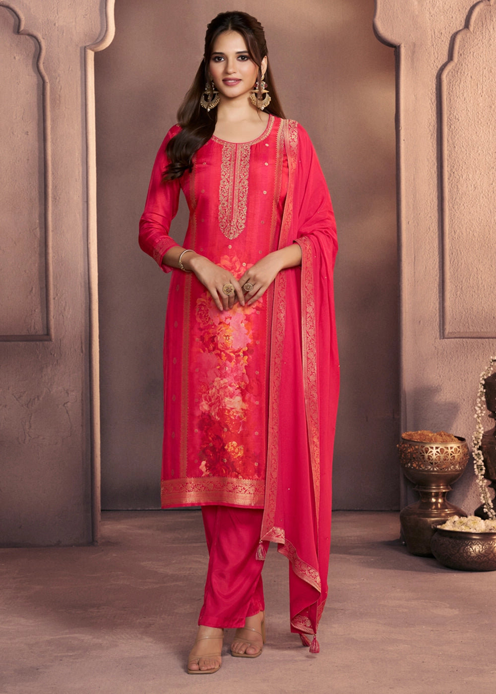 Amaranth Pink Dola Silk Suit with Ethnic Motifs & Jacquard Accents