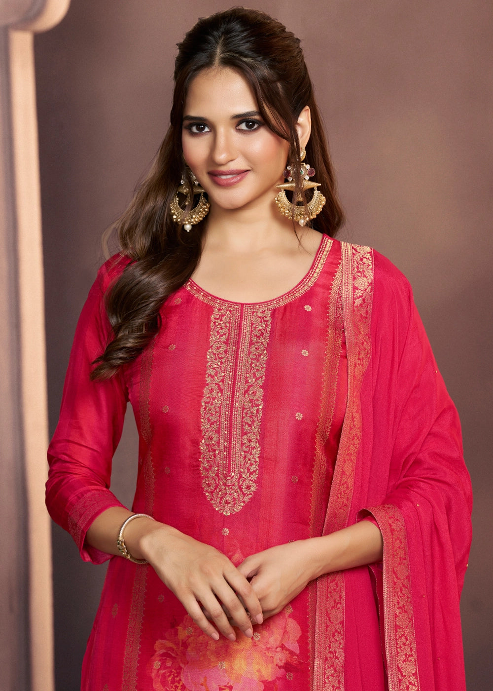 Amaranth Pink Dola Silk Suit with Ethnic Motifs & Jacquard Accents