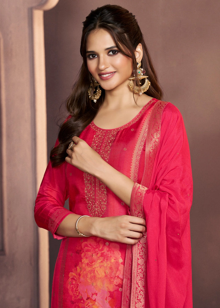 Amaranth Pink Dola Silk Suit with Ethnic Motifs & Jacquard Accents