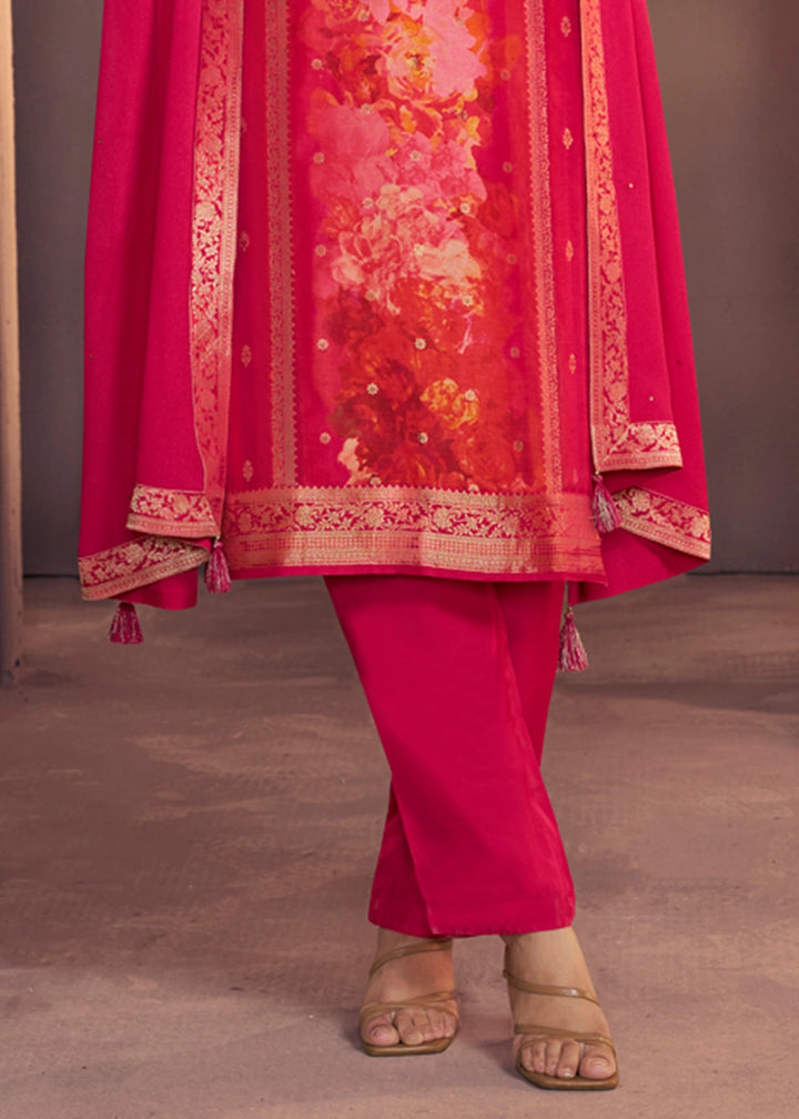 Amaranth Pink Dola Silk Suit with Ethnic Motifs & Jacquard Accents