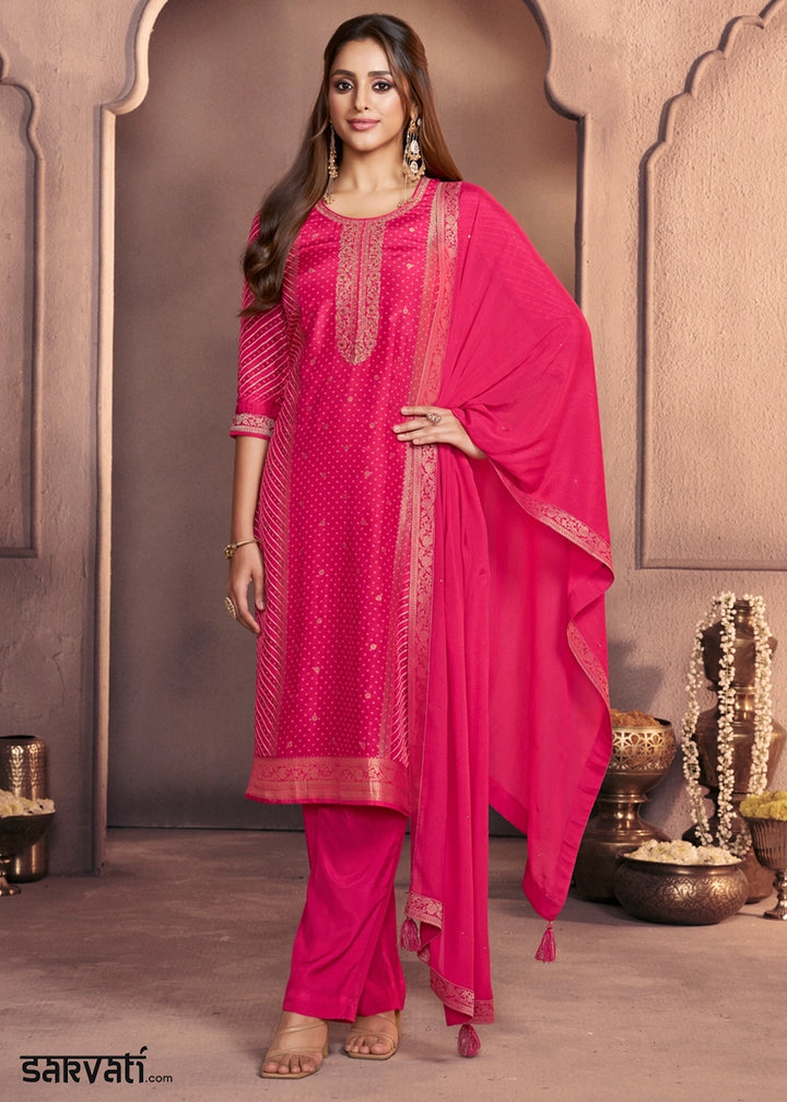 Cerise Pink Dola Silk Suit with Ethnic Motifs & Jacquard Detailing