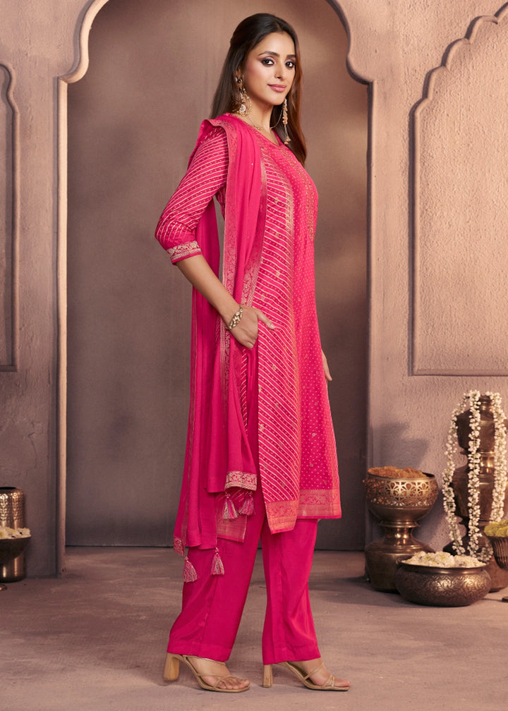 Cerise Pink Dola Silk Suit with Ethnic Motifs & Jacquard Detailing
