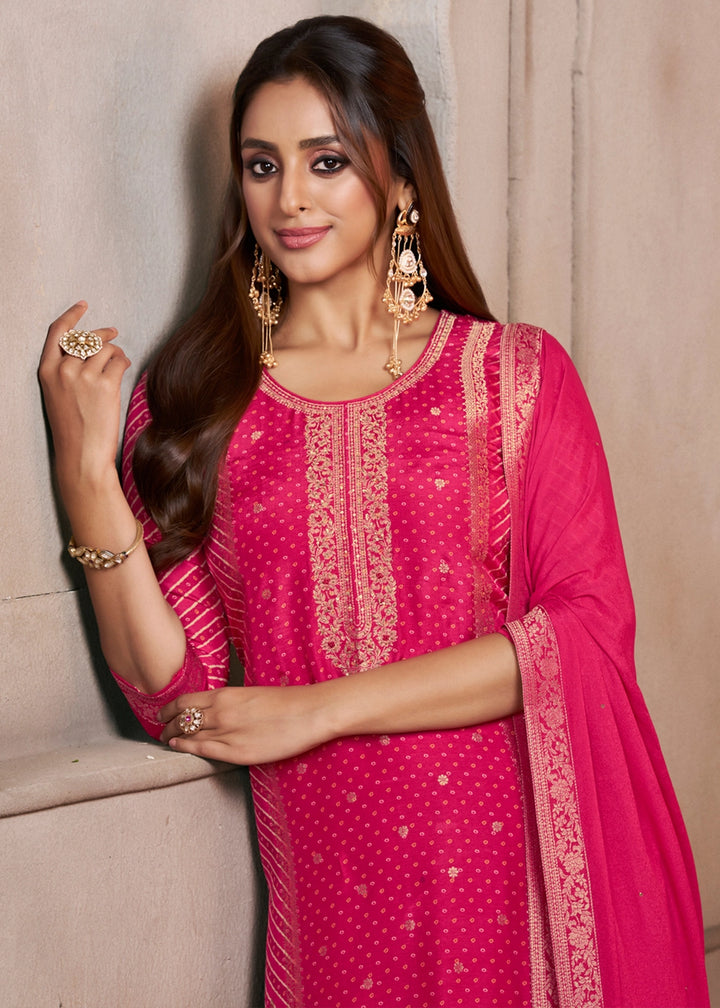 Cerise Pink Dola Silk Suit with Ethnic Motifs & Jacquard Detailing