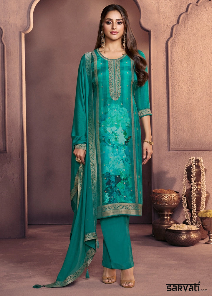 Shades Of Blue Dola Silk Suit with Ethnic Motifs & Jacquard Accents