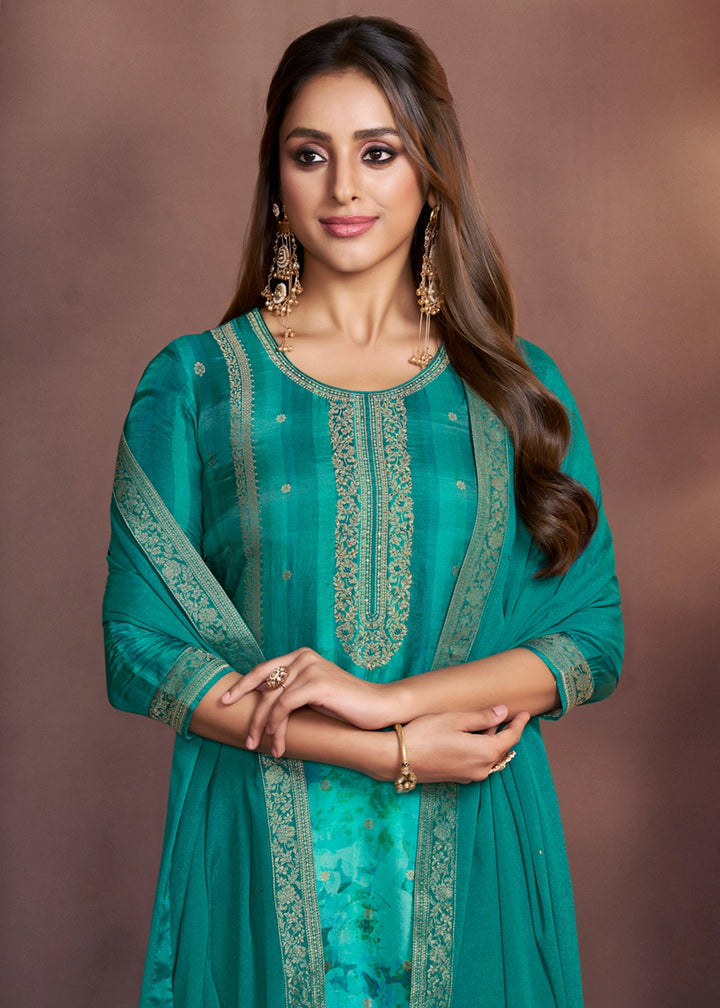 Shades Of Blue Dola Silk Suit with Ethnic Motifs & Jacquard Accents