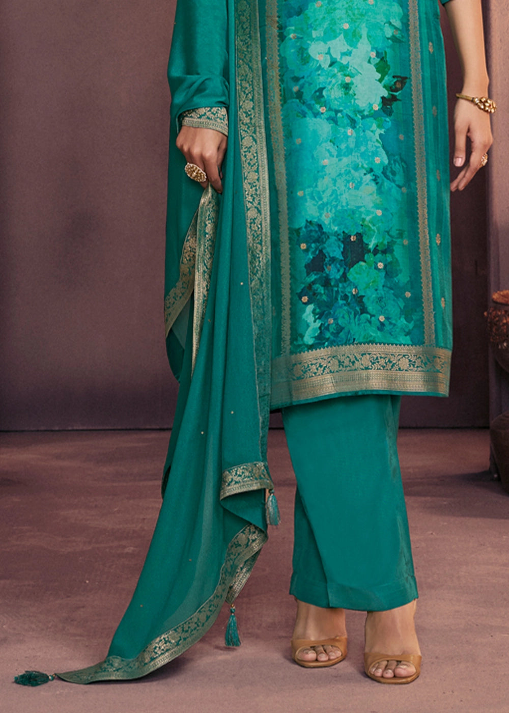 Shades Of Blue Dola Silk Suit with Ethnic Motifs & Jacquard Accents