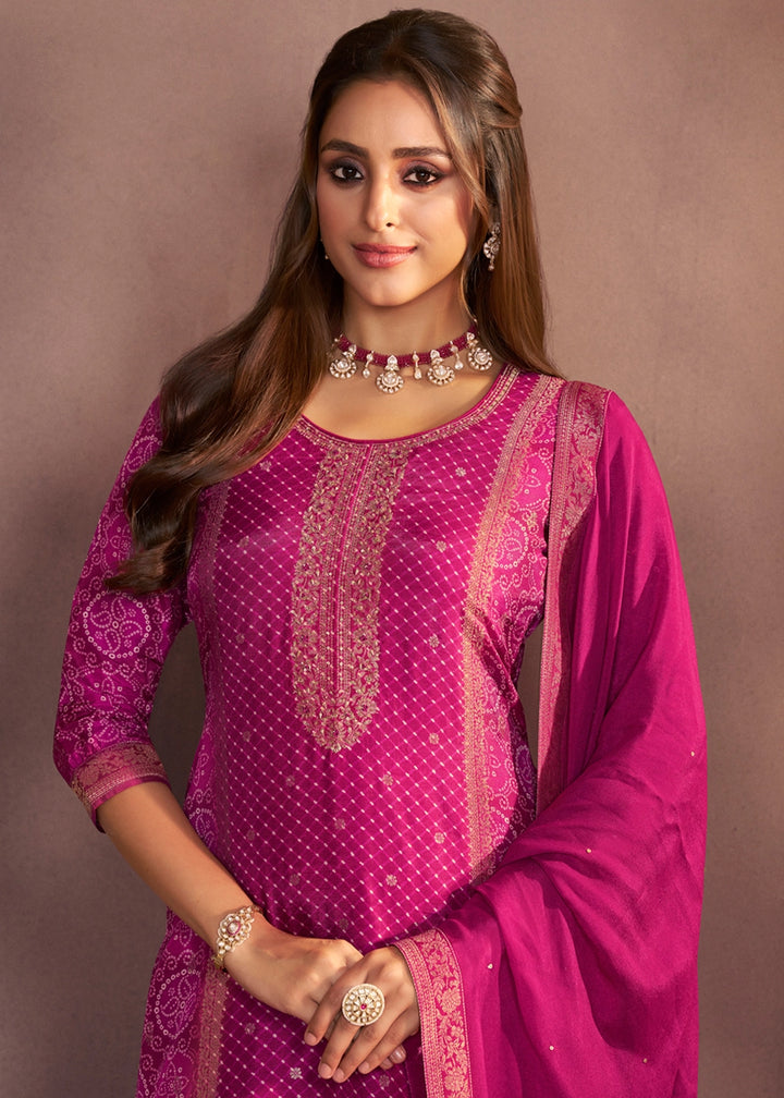 Magenta Purple Premium Dola Silk Suit with Ethnic Motifs & Jacquard Detailing