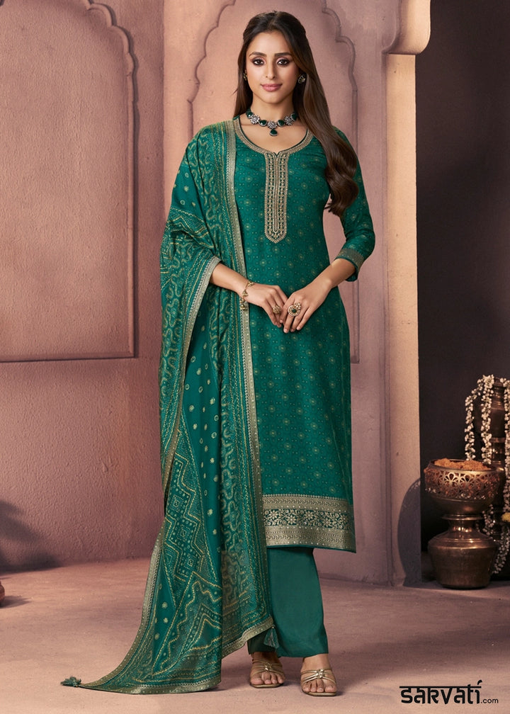 Pine Green Silk Suit with Ethnic Motifs & Embroidered Neckline