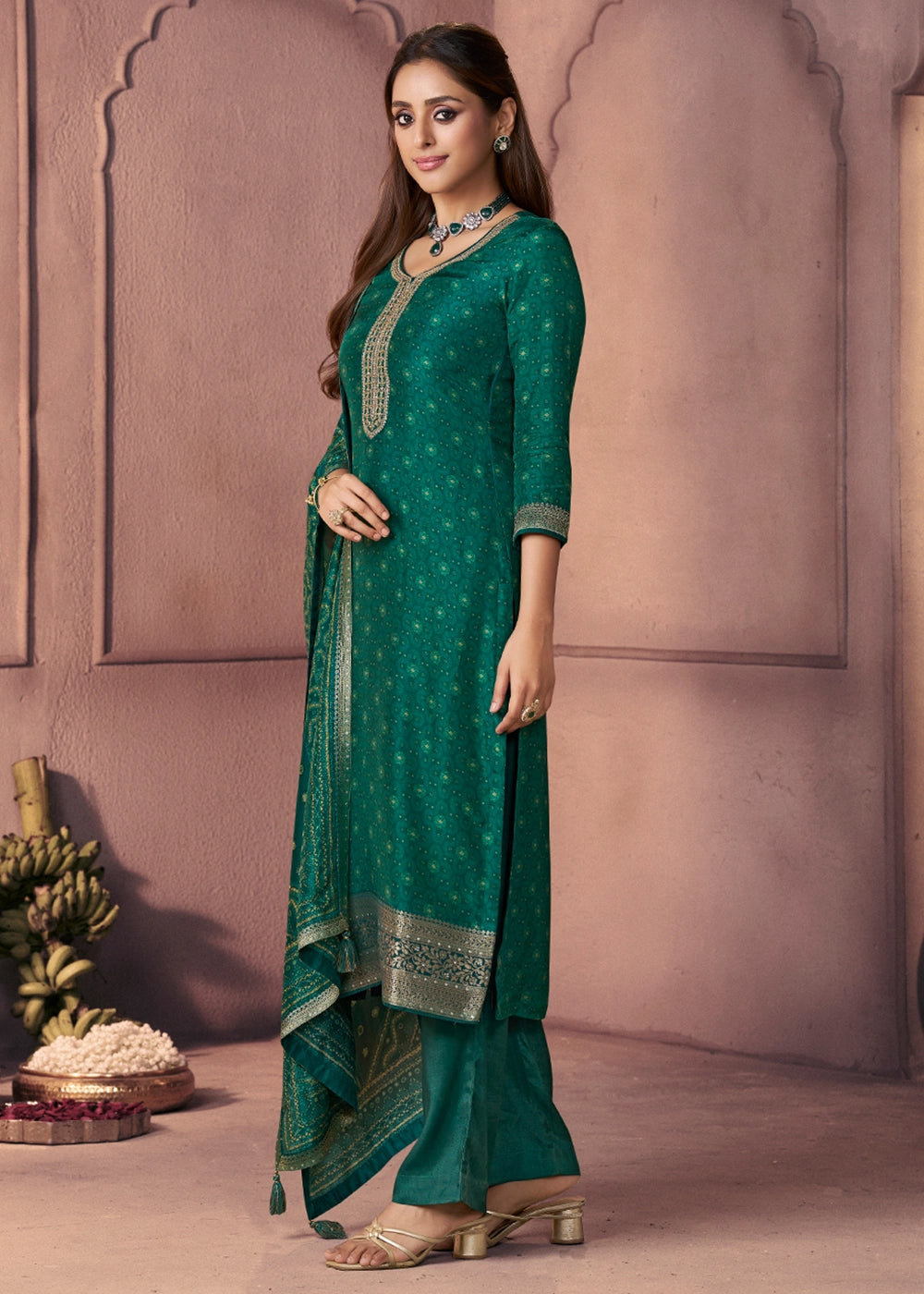 Pine Green Silk Suit with Ethnic Motifs & Embroidered Neckline