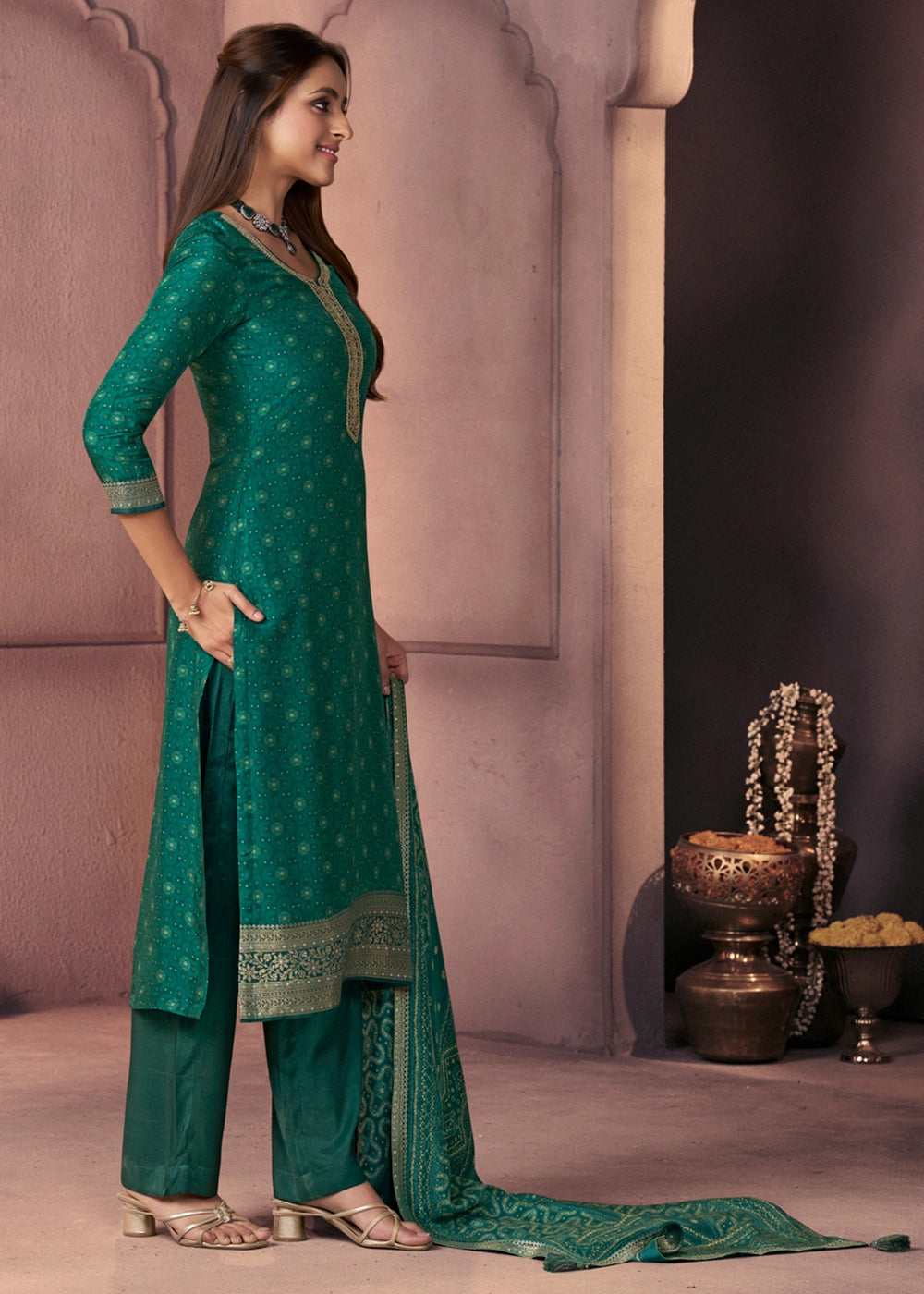 Pine Green Silk Suit with Ethnic Motifs & Embroidered Neckline