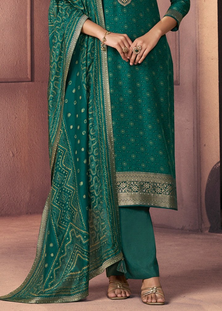 Pine Green Silk Suit with Ethnic Motifs & Embroidered Neckline