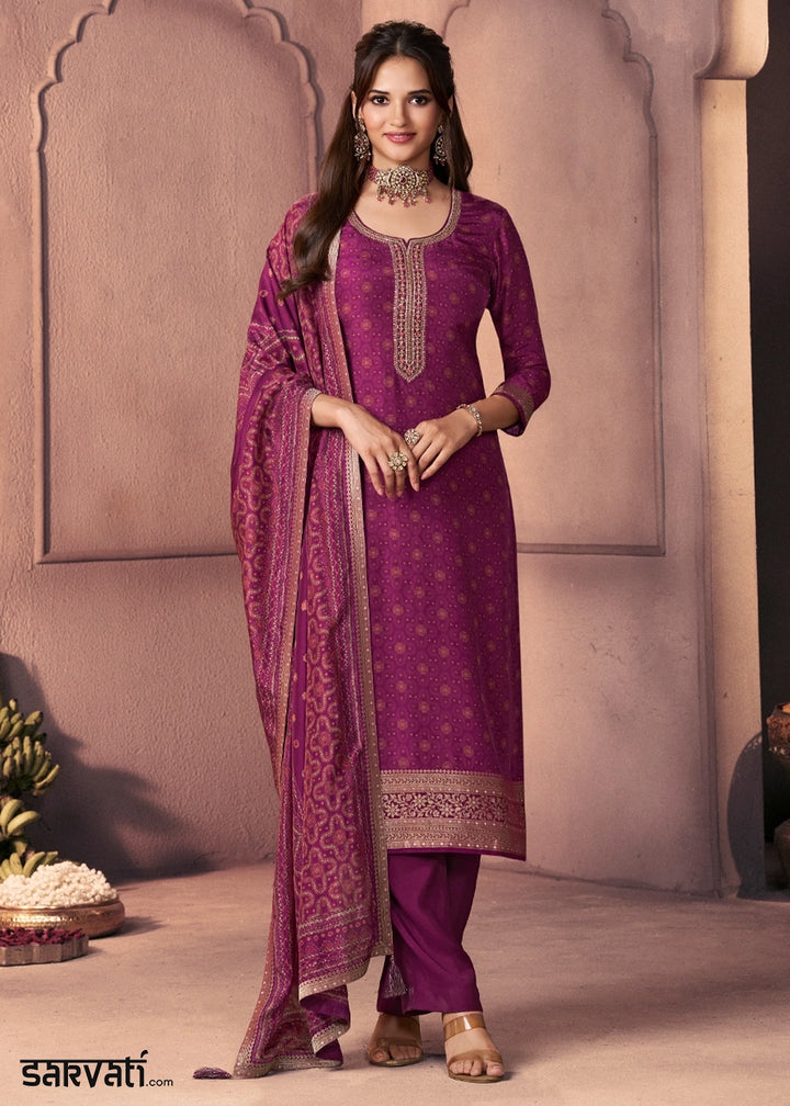 Sangria Purple Silk Suit with Ethnic Motifs & Embroidered Neckline