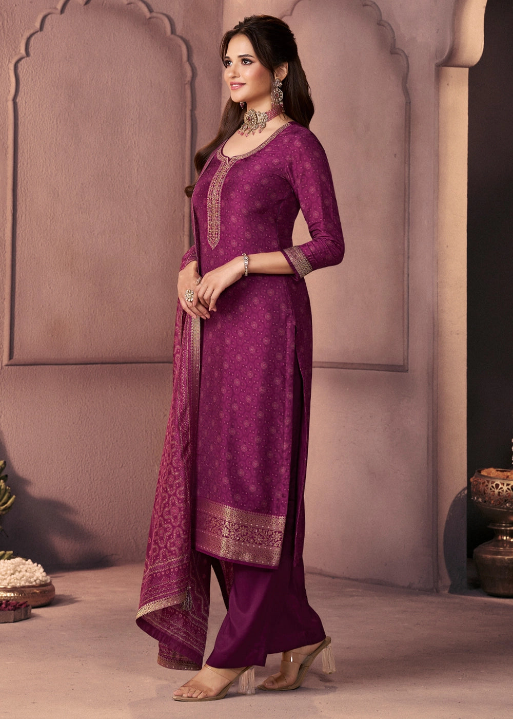 Sangria Purple Silk Suit with Ethnic Motifs & Embroidered Neckline