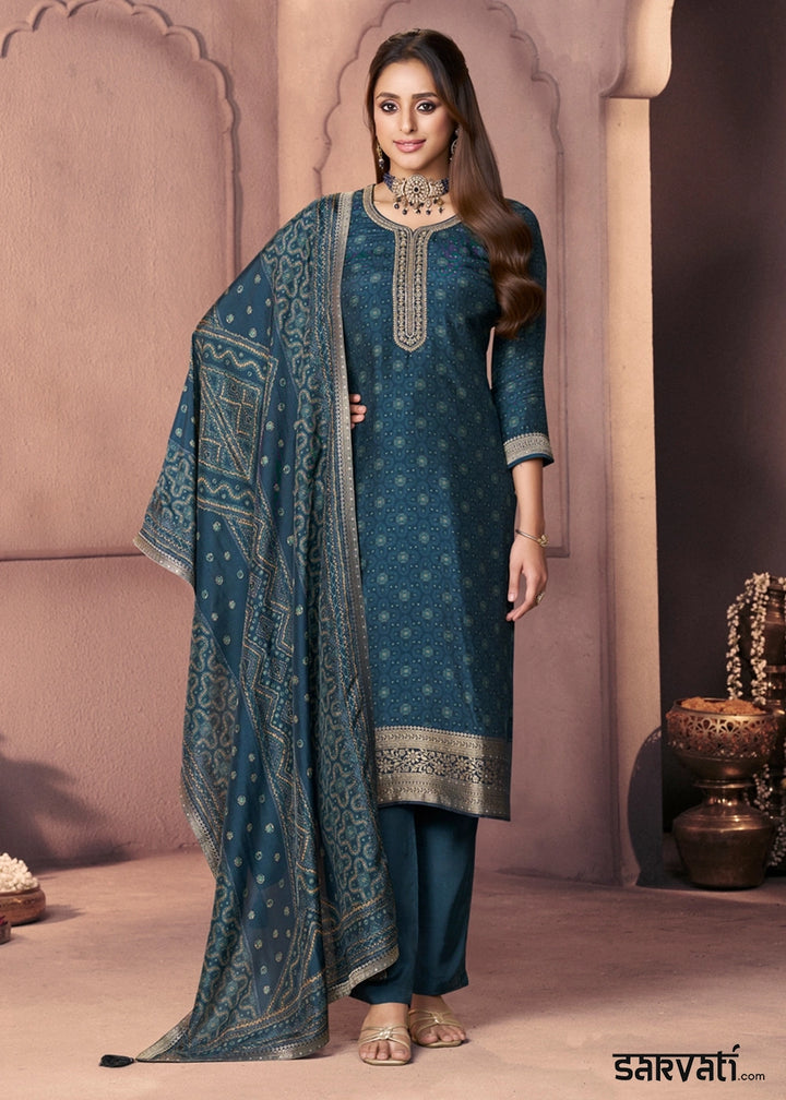 Spruce Blue Silk Suit with Ethnic Motifs & Embroidered Neckline