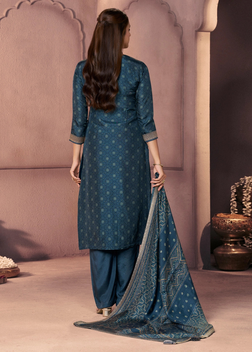 Spruce Blue Silk Suit with Ethnic Motifs & Embroidered Neckline