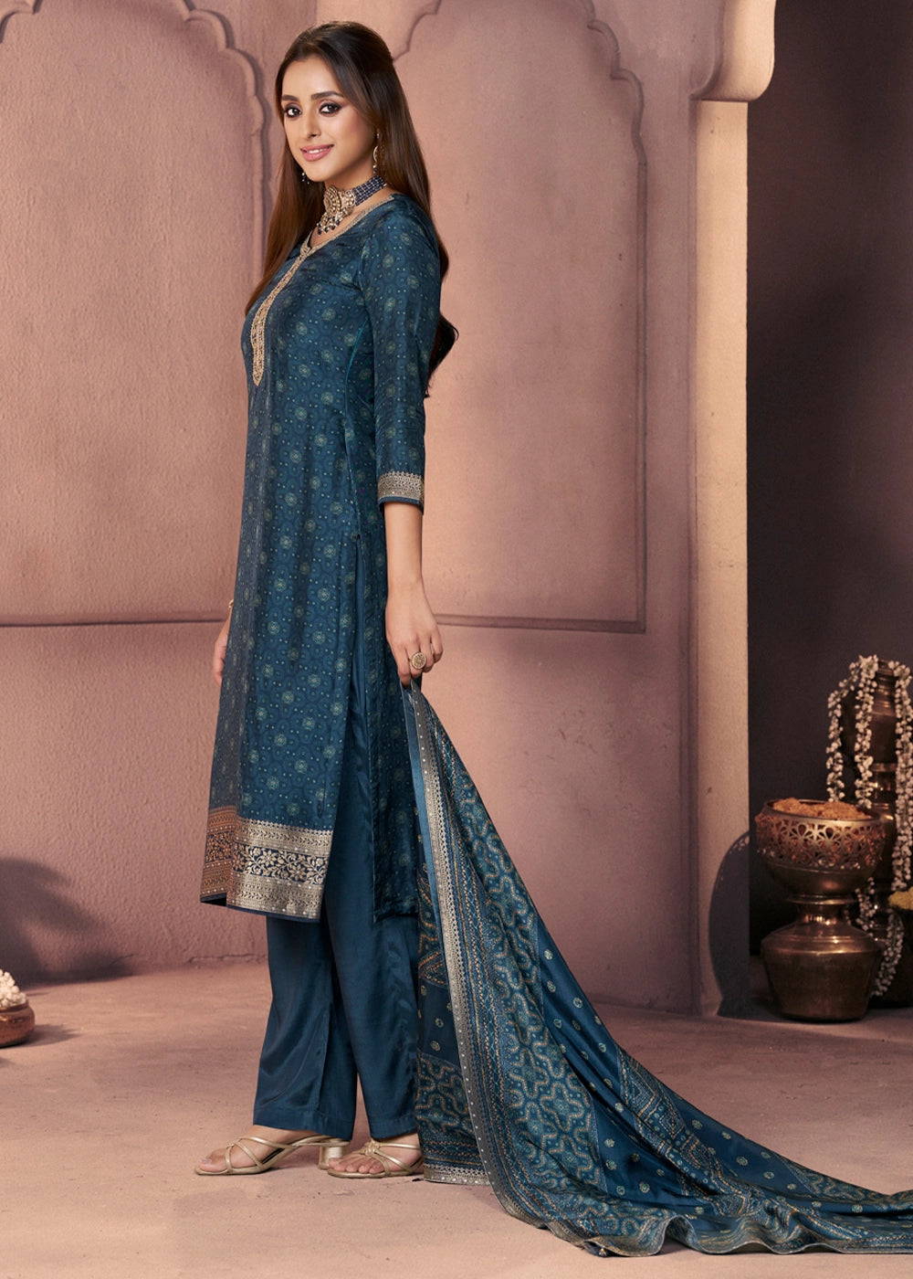 Spruce Blue Silk Suit with Ethnic Motifs & Embroidered Neckline