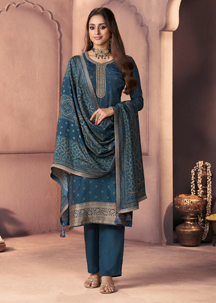 Spruce Blue Silk Suit with Ethnic Motifs & Embroidered Neckline