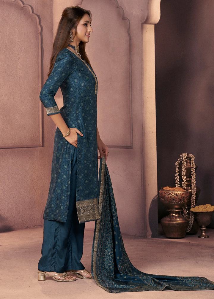 Spruce Blue Silk Suit with Ethnic Motifs & Embroidered Neckline