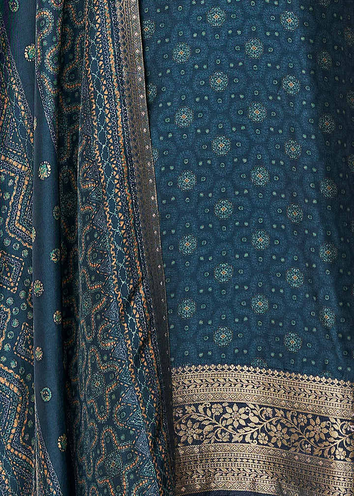 Spruce Blue Silk Suit with Ethnic Motifs & Embroidered Neckline