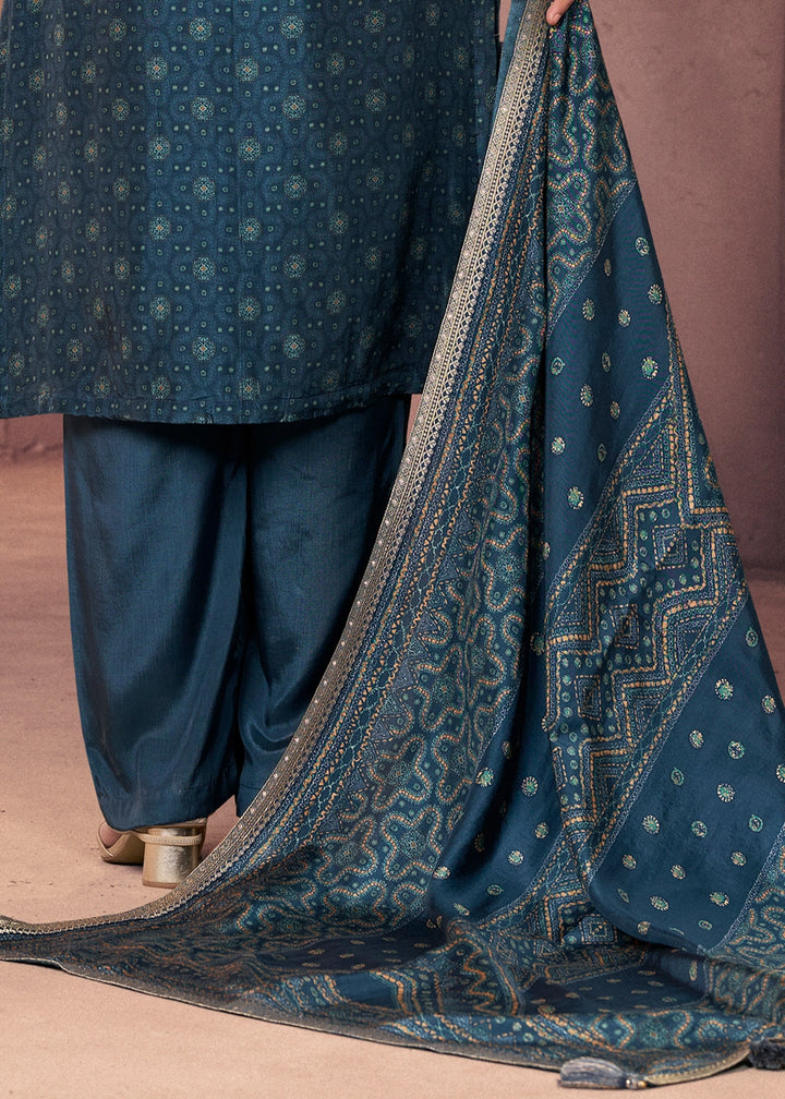 Spruce Blue Silk Suit with Ethnic Motifs & Embroidered Neckline