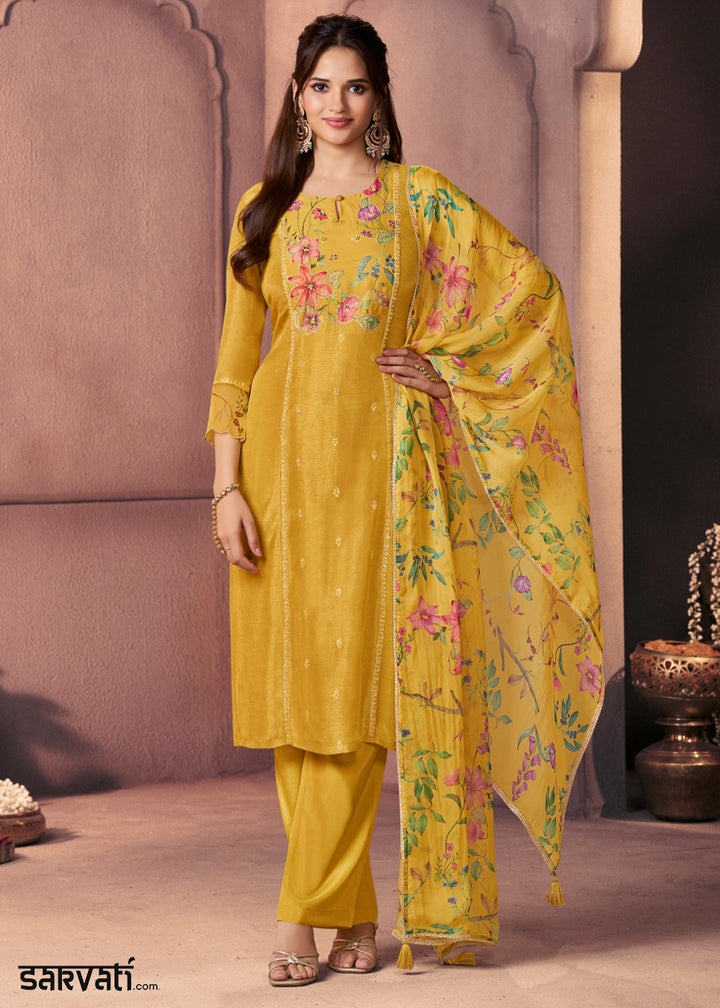 Mustard Yellow Dola Silk Suit with Ethnic Motifs & Bead-Work Accents