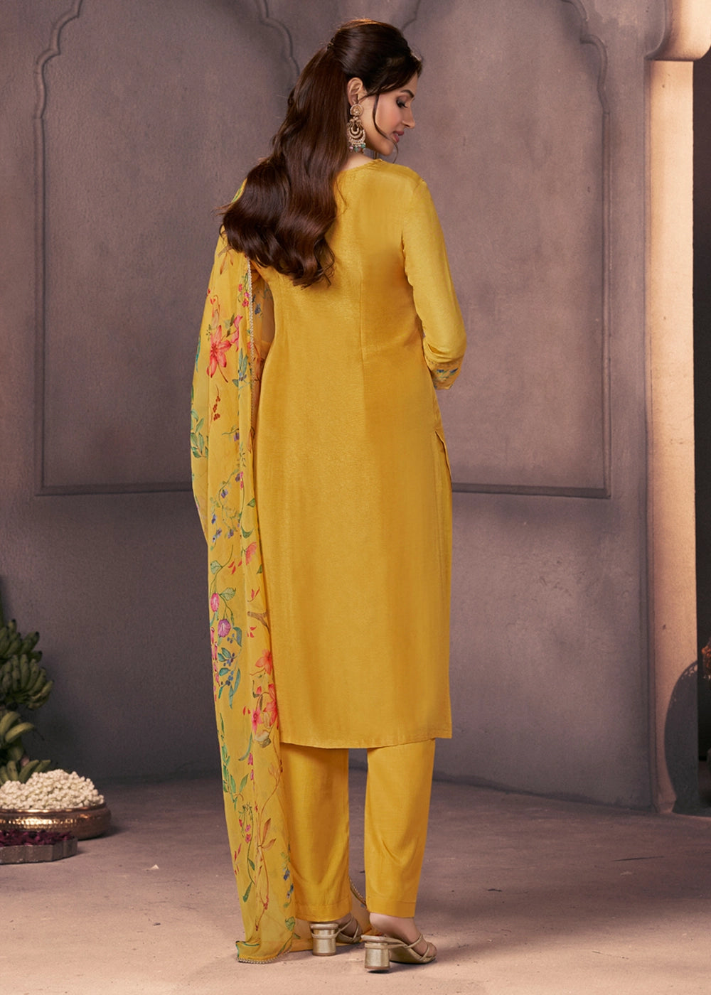 Mustard Yellow Dola Silk Suit with Ethnic Motifs & Bead-Work Accents