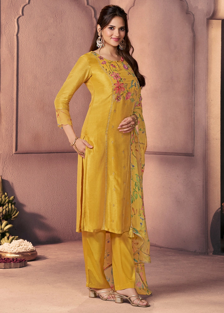 Mustard Yellow Dola Silk Suit with Ethnic Motifs & Bead-Work Accents
