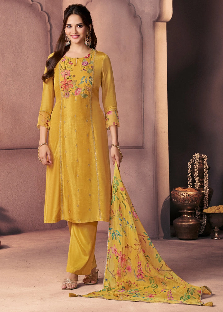 Mustard Yellow Dola Silk Suit with Ethnic Motifs & Bead-Work Accents