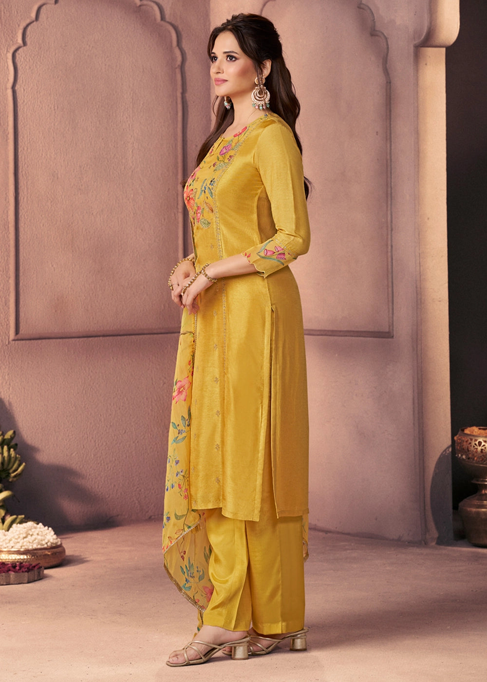 Mustard Yellow Dola Silk Suit with Ethnic Motifs & Bead-Work Accents