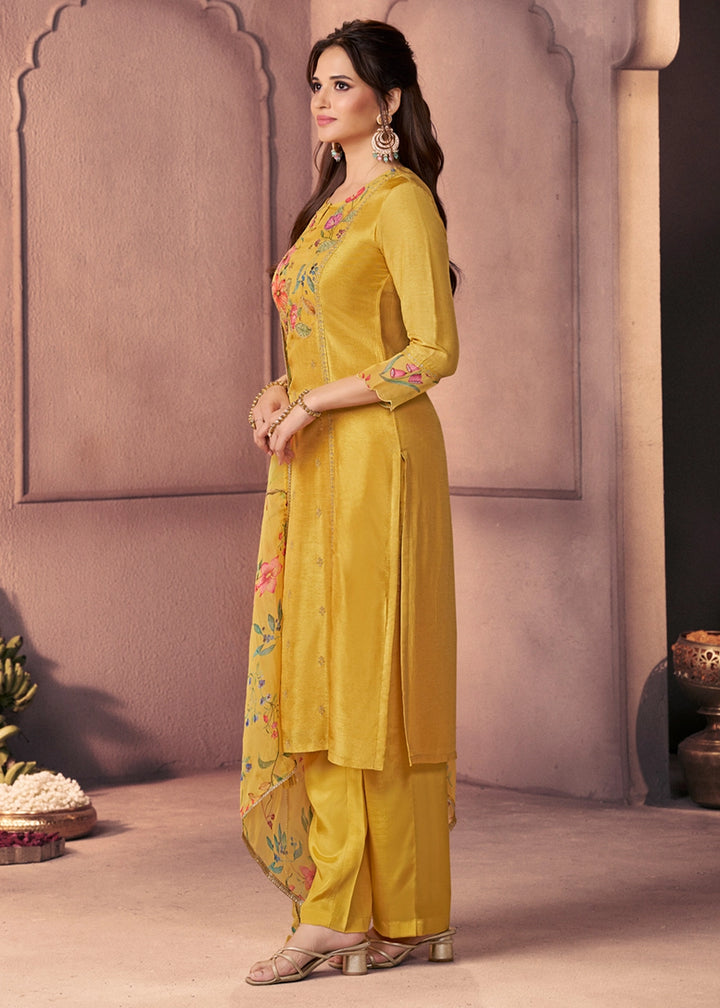 Mustard Yellow Dola Silk Suit with Ethnic Motifs & Bead-Work Accents