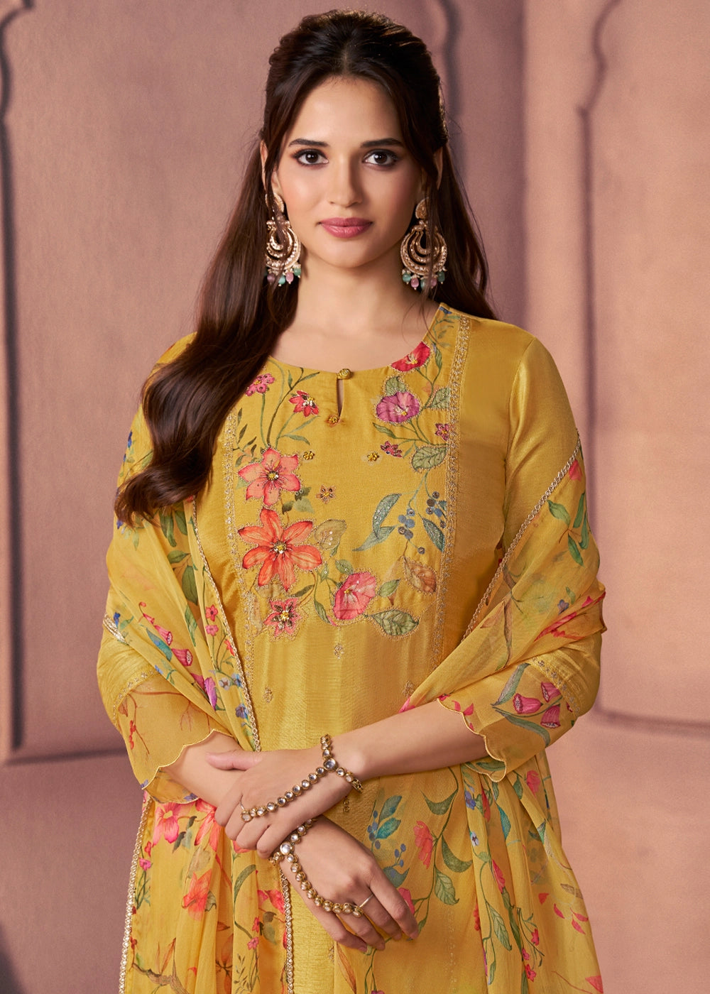 Mustard Yellow Dola Silk Suit with Ethnic Motifs & Bead-Work Accents