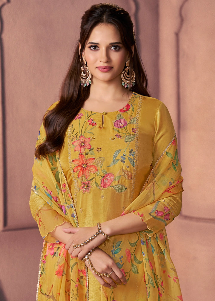 Mustard Yellow Dola Silk Suit with Ethnic Motifs & Bead-Work Accents