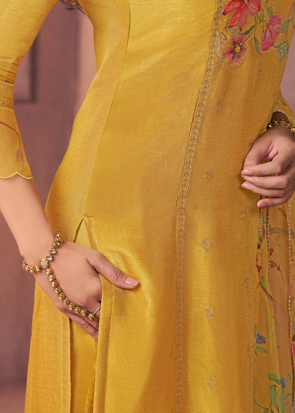 Mustard Yellow Dola Silk Suit with Ethnic Motifs & Bead-Work Accents