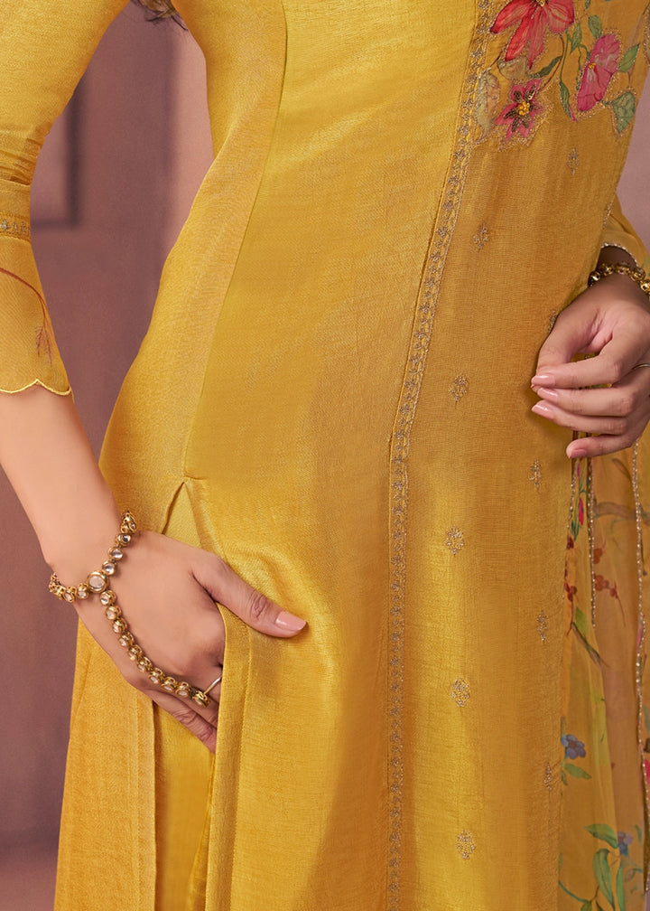 Mustard Yellow Dola Silk Suit with Ethnic Motifs & Bead-Work Accents