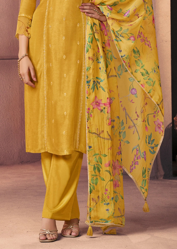 Mustard Yellow Dola Silk Suit with Ethnic Motifs & Bead-Work Accents