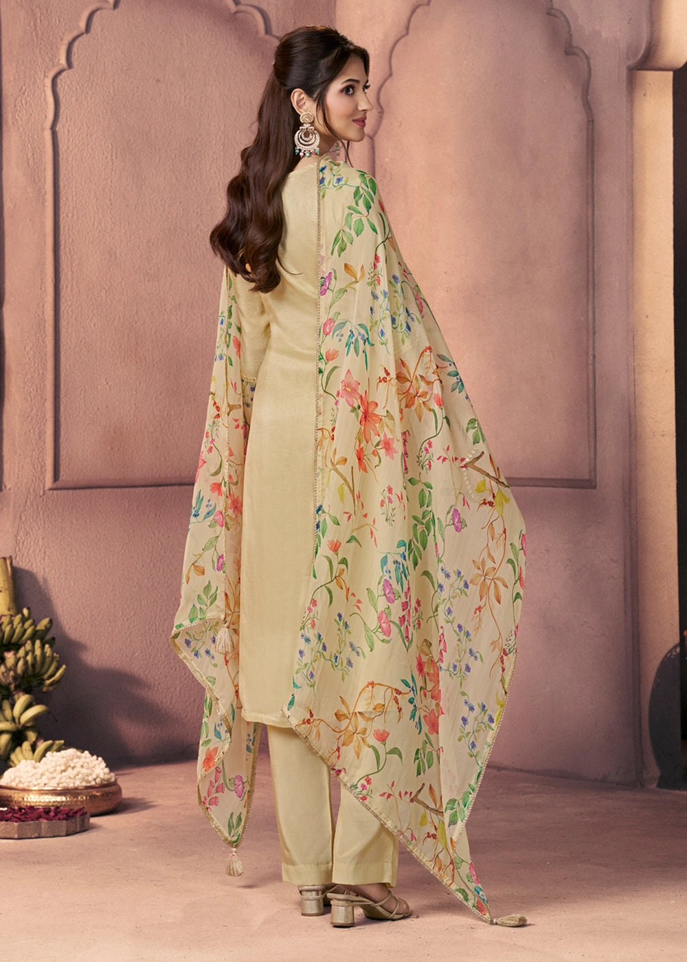 Bright Ivory White Dola Silk Suit with Ethnic Motifs & Bead-Work Accents