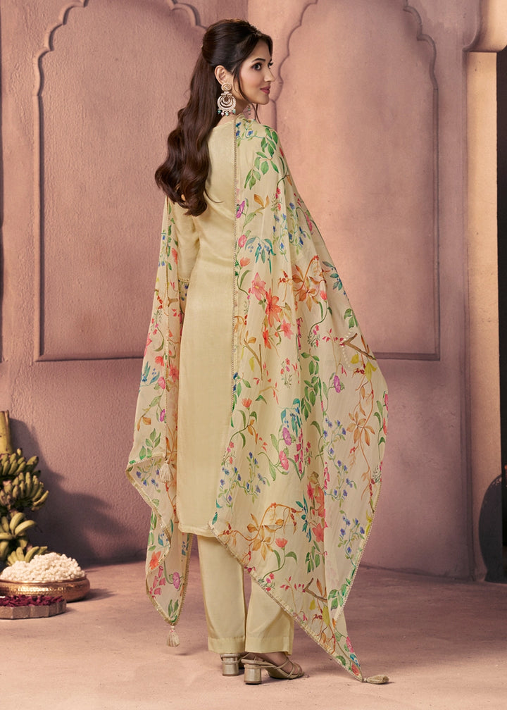 Bright Ivory White Dola Silk Suit with Ethnic Motifs & Bead-Work Accents