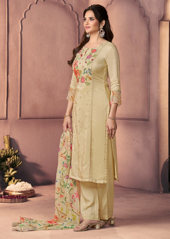Bright Ivory White Dola Silk Suit with Ethnic Motifs & Bead-Work Accents