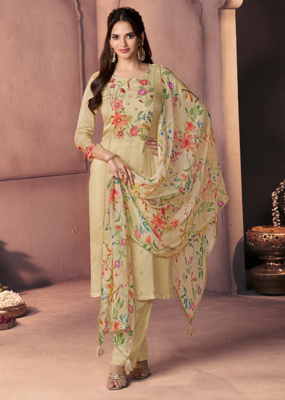 Bright Ivory White Dola Silk Suit with Ethnic Motifs & Bead-Work Accents