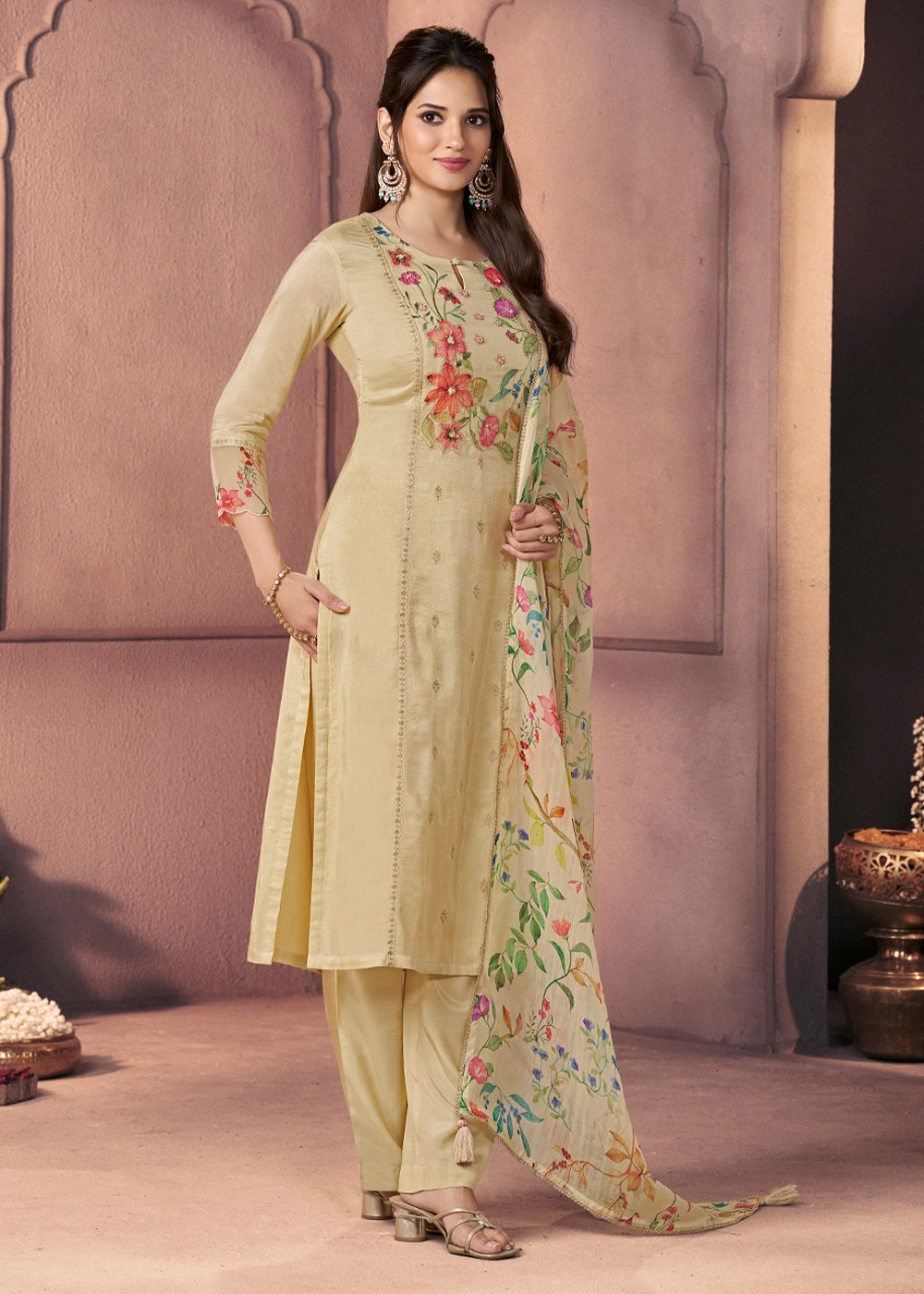 Bright Ivory White Dola Silk Suit with Ethnic Motifs & Bead-Work Accents
