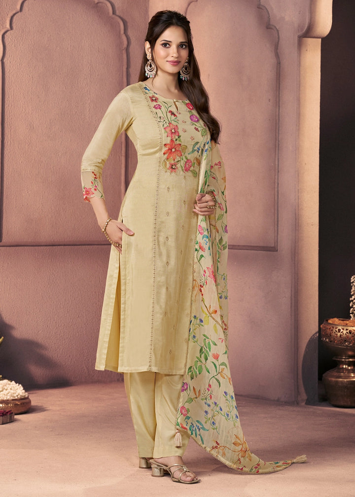 Bright Ivory White Dola Silk Suit with Ethnic Motifs & Bead-Work Accents